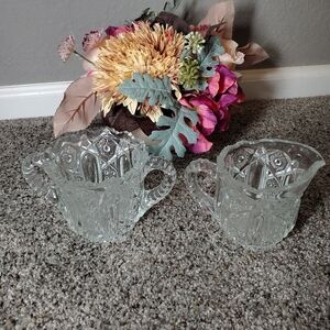Vintage 2 Piece Quintec Pattern Clear Glass Crystal Servewear - Cream & Sugar